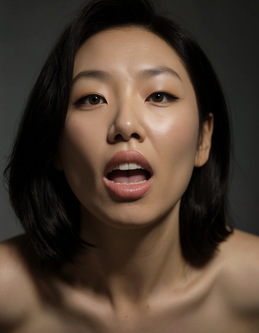 Asian woman deep throat, score_9, score_8, candid photo, realistic skin texture, visible skin pores, film grain, depth of field