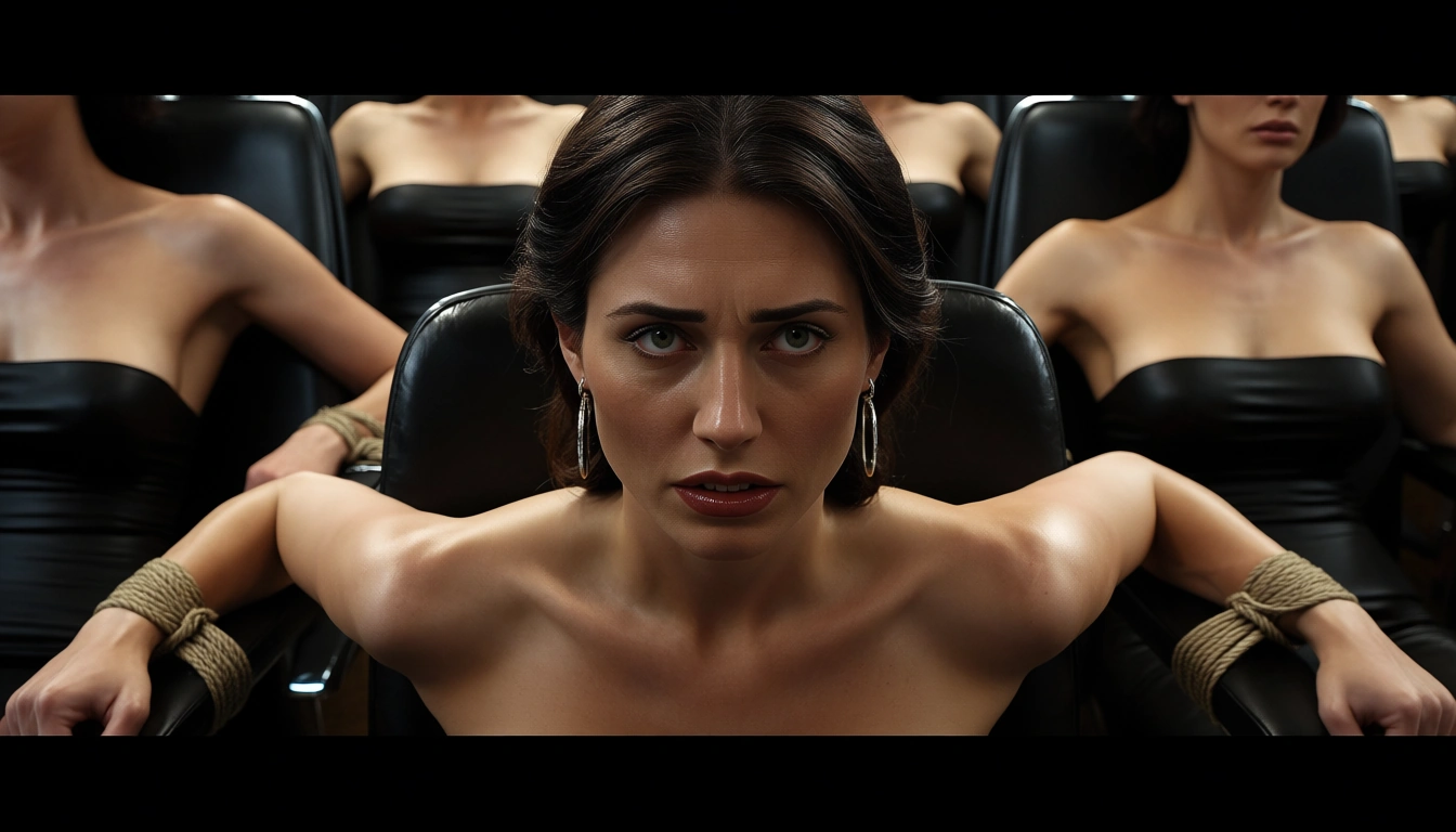 Group, everyone, tiered seats, wrists tied to armrests, nervous, bondage, bound_wrists , facing forward, score_9, score_8, candid photo, realistic skin texture, visible skin pores, film grain, depth of field