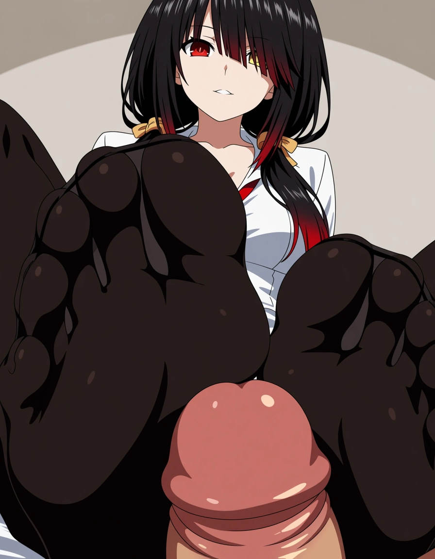 masterpiece, best quality, highly detailed, anime style, Tokisaki Kurumi from Date A Live, long black hair with red tips, heterochromia red and golden clock eye, beautiful face, seductive expression, wearing black pantyhose, feet focused, footjob, soles and toes wrapping around penis, detailed pantyhose, hentai_studio_quality, hentai_studio_quality, hentai_studio_quality, (anime style:1.3), 2d, anime screencap, cel shading, flat color, (anime style:1.3), 2d, anime screencap, cel shading, flat color, @00osamio00