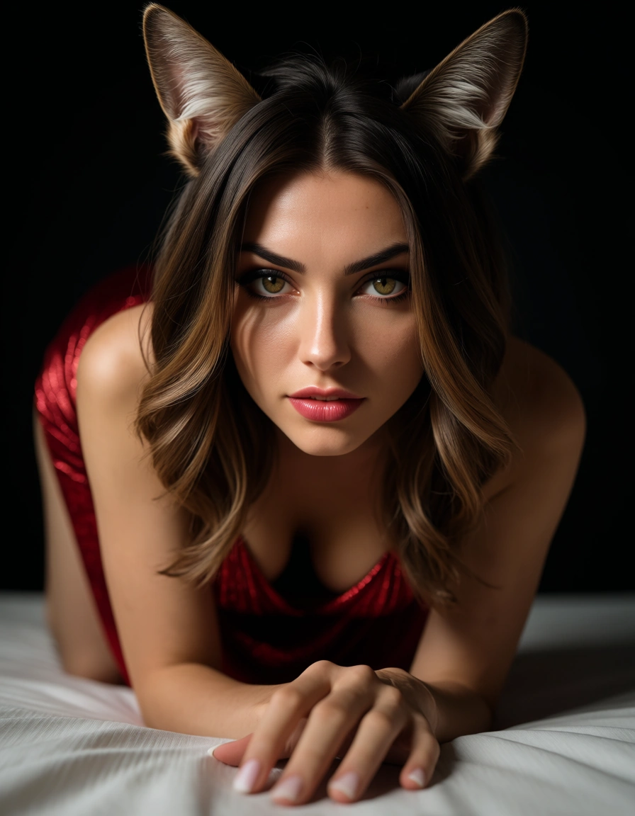 studio quality, sharp focus, catgirl, fingernails, evening gown, on all fours, low angle, volumetric light, 8k uhd photo, score_9, score_8, candid photo, realistic skin texture, visible skin pores, film grain, depth of field