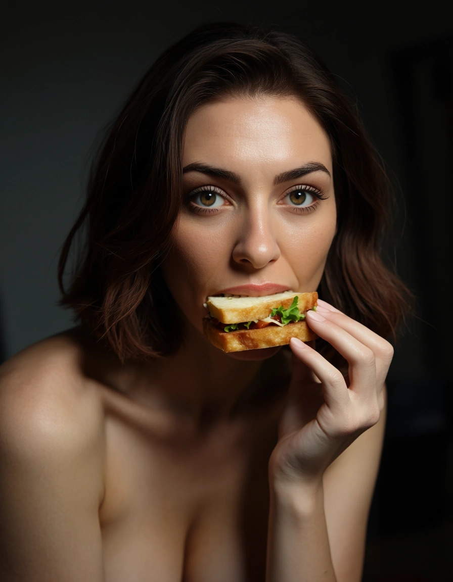 studio quality, sharp focus, milf, medium hair, food, futanari, volumetric light, 8k uhd photo, score_9, score_8, candid photo, realistic skin texture, visible skin pores, film grain, depth of field