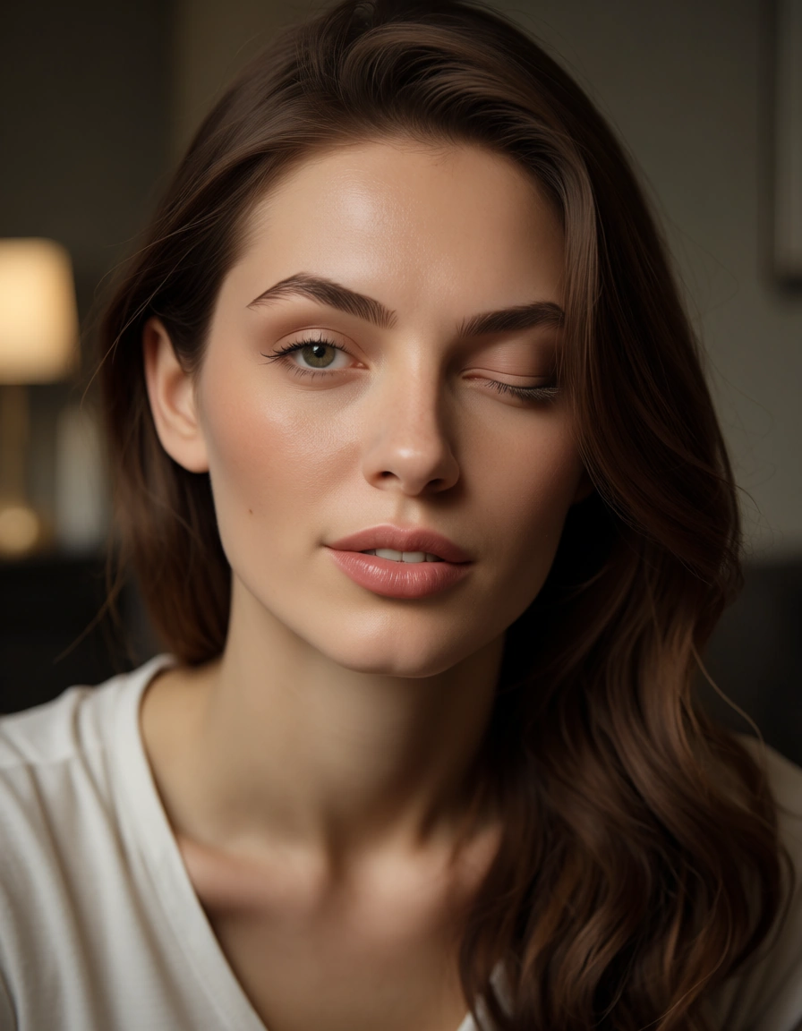 ultra HD, lifelike, brown_hair woman, lips, shirt, winking, creampie, backlit, photorealistic petite, score_9, score_8, candid photo, realistic skin texture, visible skin pores, film grain, depth of field