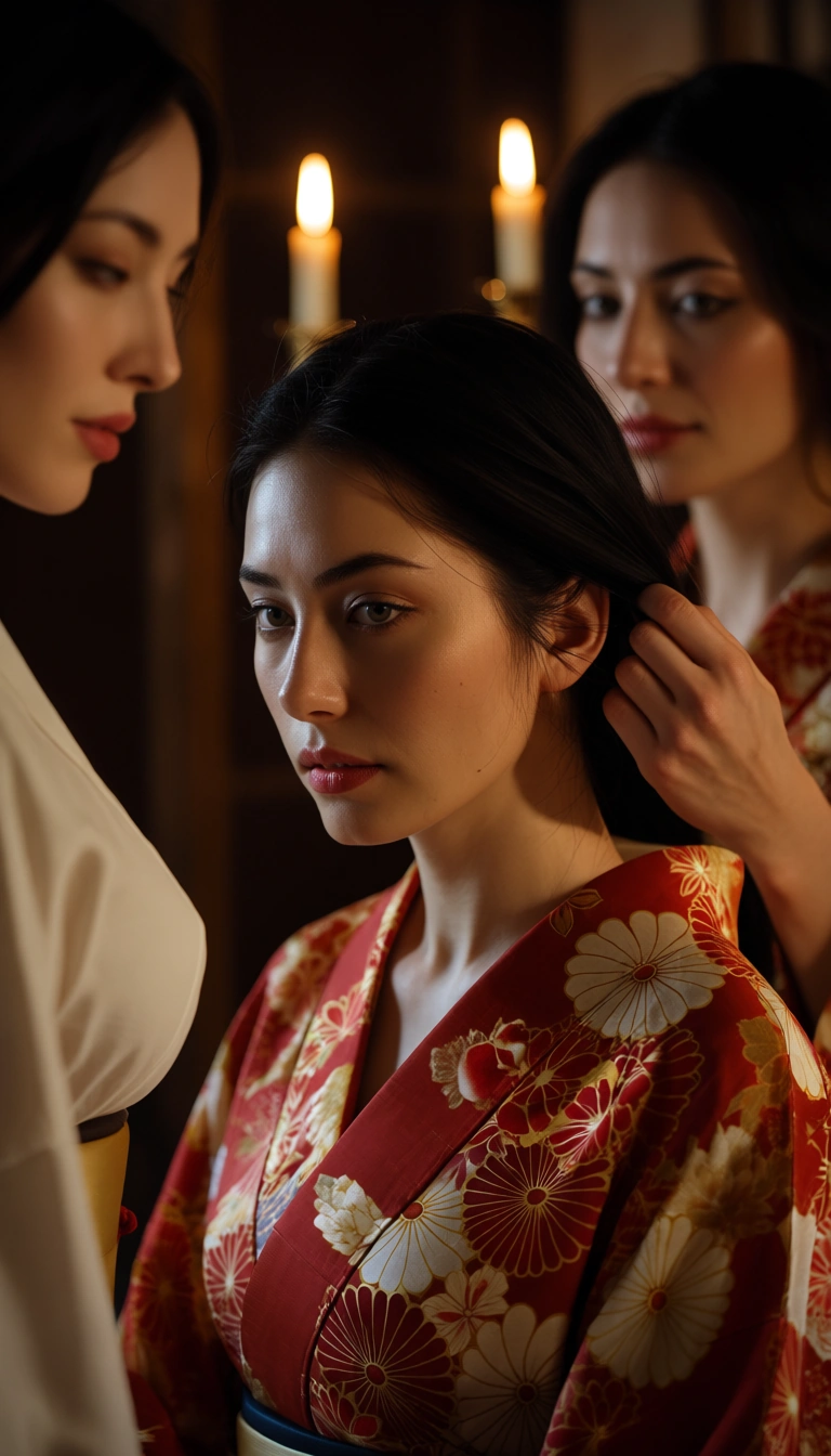 ultra HD, lifelike, 4women, japanese clothes, hair pull, candlelight, 8k uhd photo