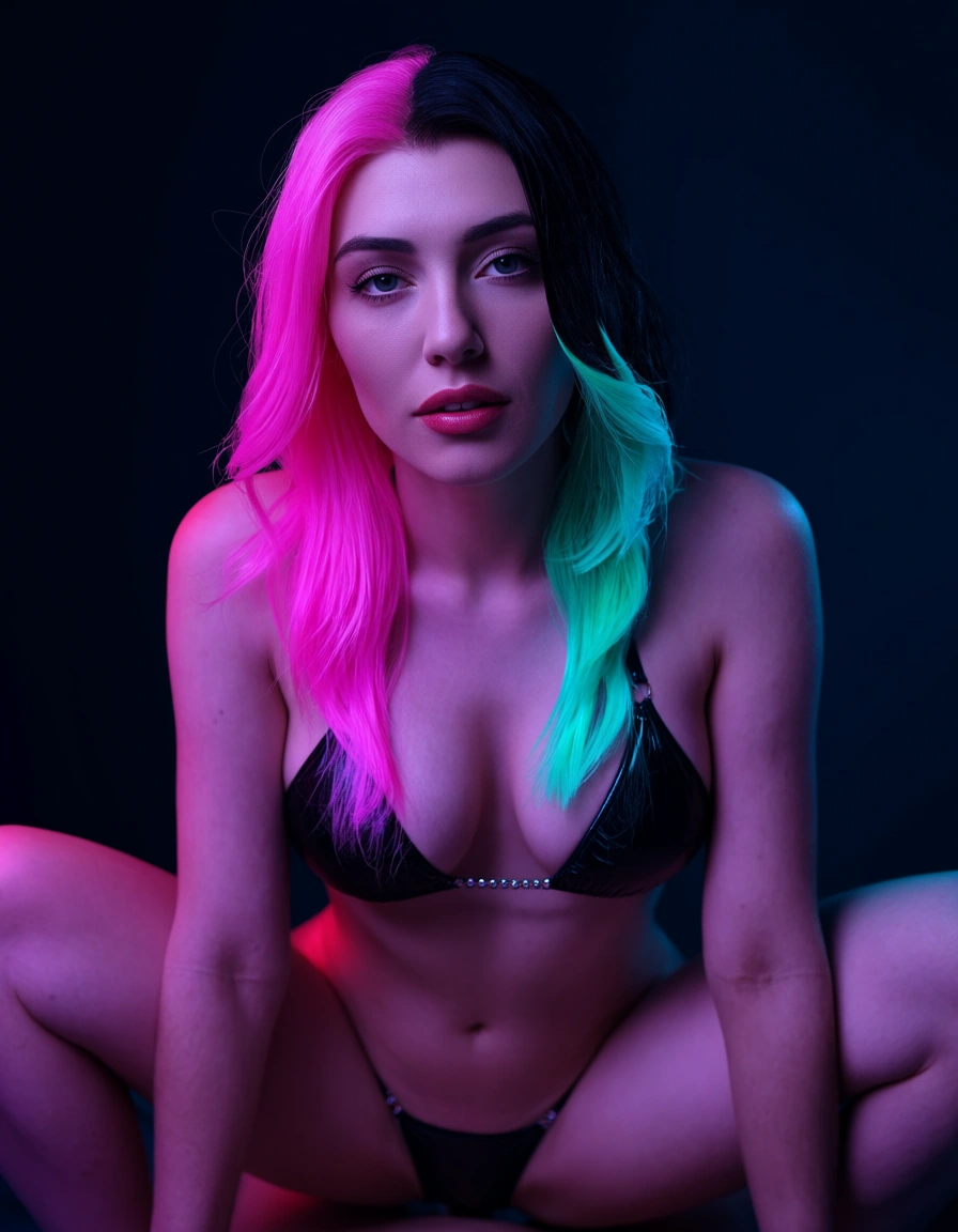 RAW photo, ultra realistic, witch, two-tone hair, swimsuit, 69 position, neon glow, studio photo, score_9, score_8, candid photo, realistic skin texture, visible skin pores, film grain, depth of field