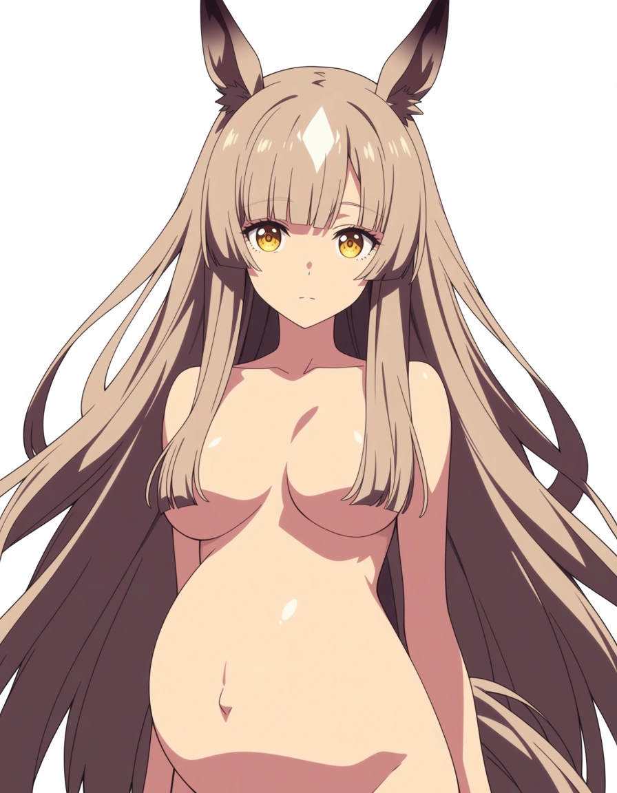 (anime style:1.3), 2d, anime screencap, cel shading, flat color, anime girl, naked and pregnant 9 months, horse ears and tail, de-saturated, light brown hair that flows far past her back,  has blunt side bangs that frame face, in the center of her bangs  has a large white diamond marking, ears are a bit longer and fade to dark brown at the tips,   has large  round, golden eyes.