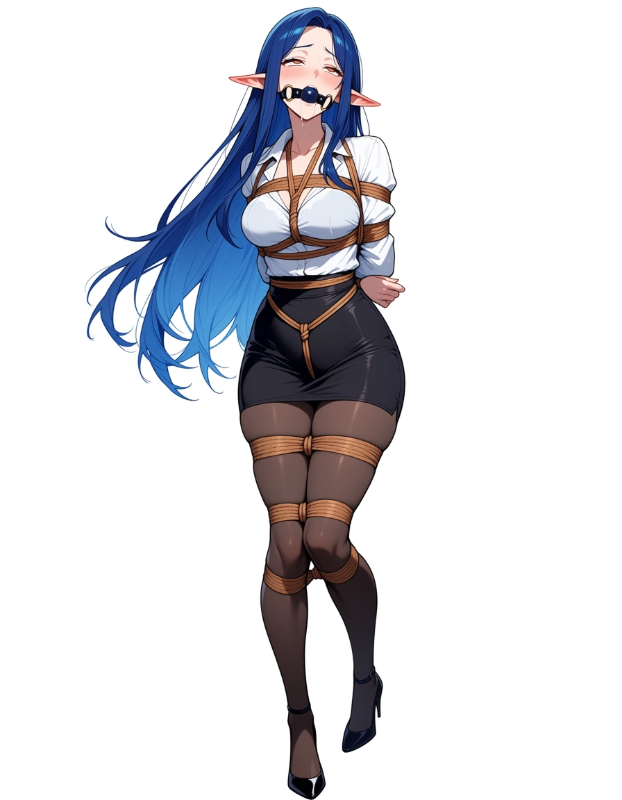 hentai_studio_quality, hentai_studio_quality, masterpiece, clean art, elf girl, over 21, adult, bondage, medium breasts, blue hair, white background, visual novel art, gagged, drooling, blushing, full body, teacher outfit