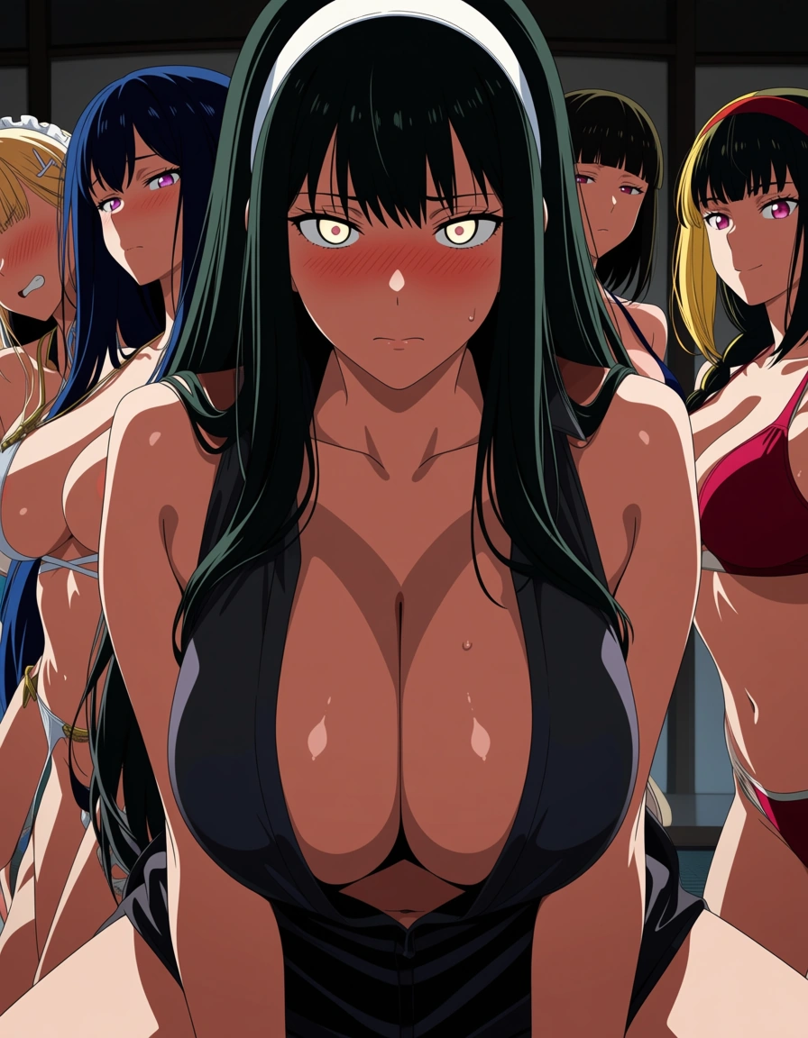 5girls @hyuuga_hinata @kitagawa_marin @nami_(one_piece) @android_18 @yor_briar #school_uniform group_sex, (anime style:1.3), 2d, anime screencap, cel shading, flat color