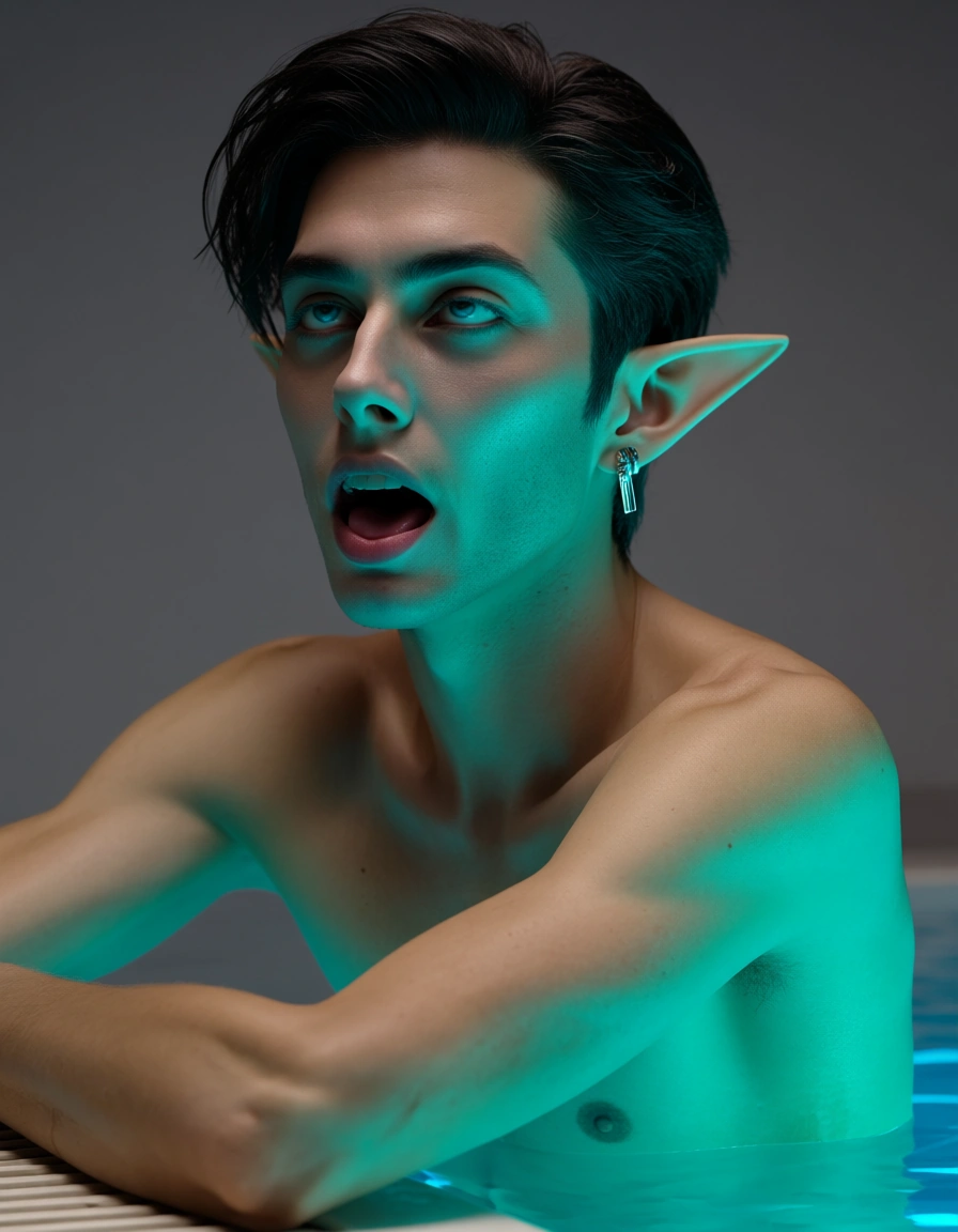 dslr, film grain, photorealistic, male focus, pointy ears, earrings, poolside pose, ahegao, grey background, three-quarter view, neon glow, hyperrealistic, score_9, score_8, candid photo, realistic skin texture, visible skin pores, film grain, depth of field
