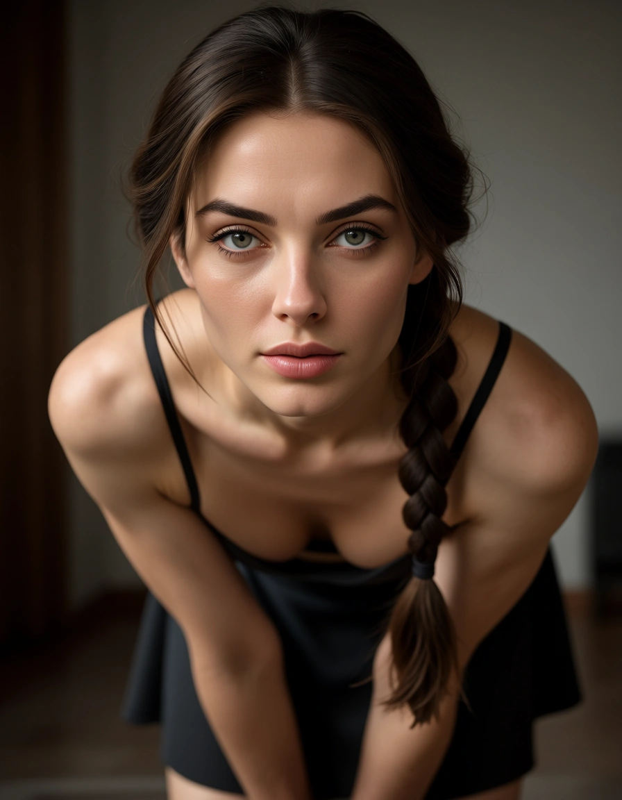 professional photo, high detail, 1boy, braid, skirt, bent over, soft lighting, photorealistic, score_9, score_8, candid photo, realistic skin texture, visible skin pores, film grain, depth of field