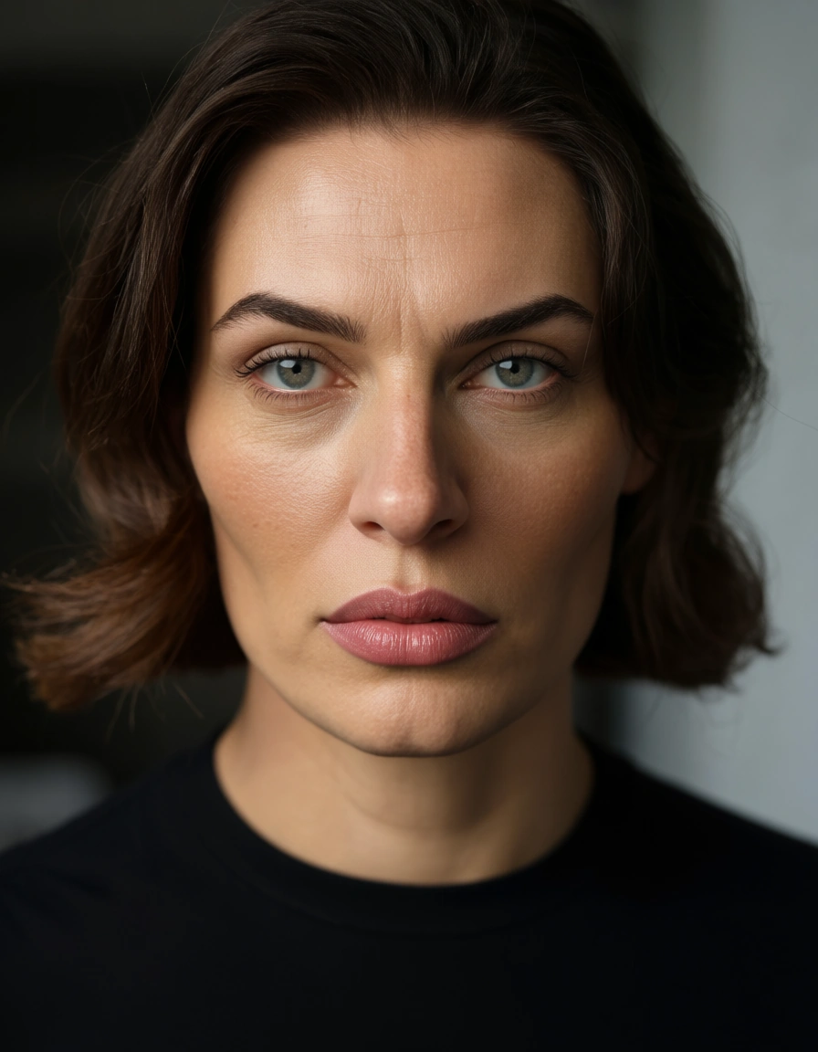 Dunkle, nach hinten gebundene Haare.
Ovales Gesicht.
Deutlich sichtbare Augenbrauen.
Die Augen sind auf dem Foto weitgehend geschlossen.
Kleine, gerade Nase.
Geschlossene Lippen.
Schwarzes, kurzärmeliges T‑Shirt.
Schlanke Statur im sichtbaren Bereich.
Dunkles Band oder Haargummi am linken Handgelenk.
Der Oberkörper ist nach vorne über den Tisch gebeugt.
Beide Hände sind angehoben, die Daumen zeigen nach oben.
Der Kopf ist leicht zur Seite geneigt.
big tits, score_9, score_8, candid photo, realistic skin texture, visible skin pores, film grain, depth of field