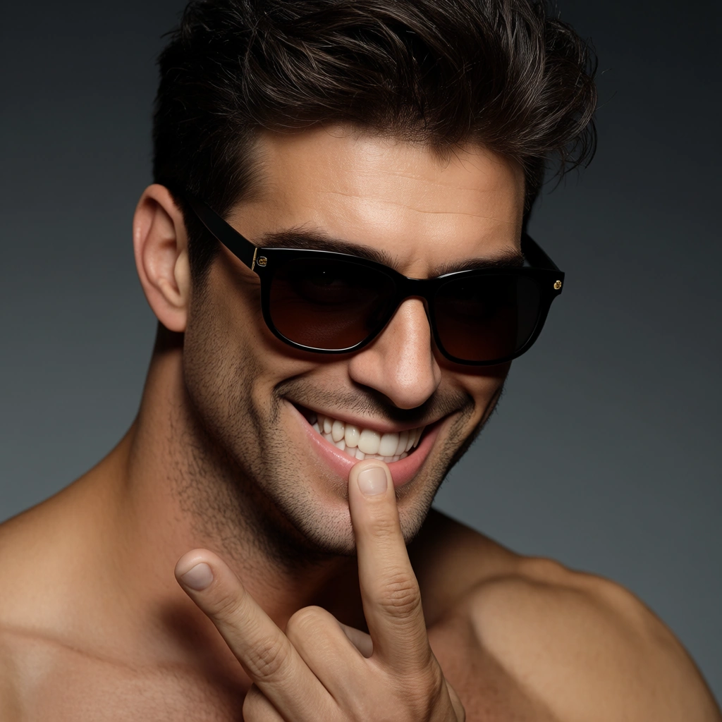 dslr, film grain, photorealistic, male focus, fingering, sunglasses, gradient background, teasing grin, lifelike render