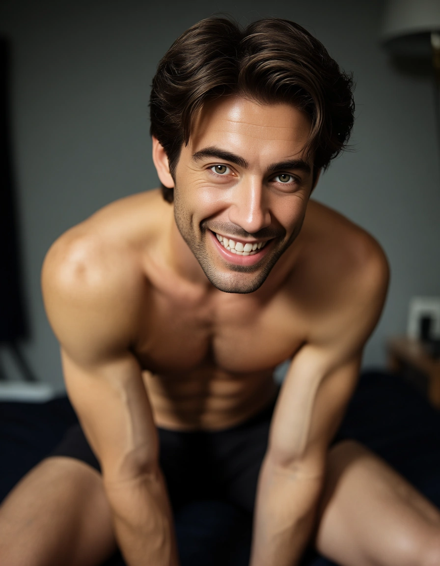 ultra HD, lifelike, male focus, topless, thighs, playful expression, photorealistic, score_9, score_8, candid photo, realistic skin texture, visible skin pores, film grain, depth of field