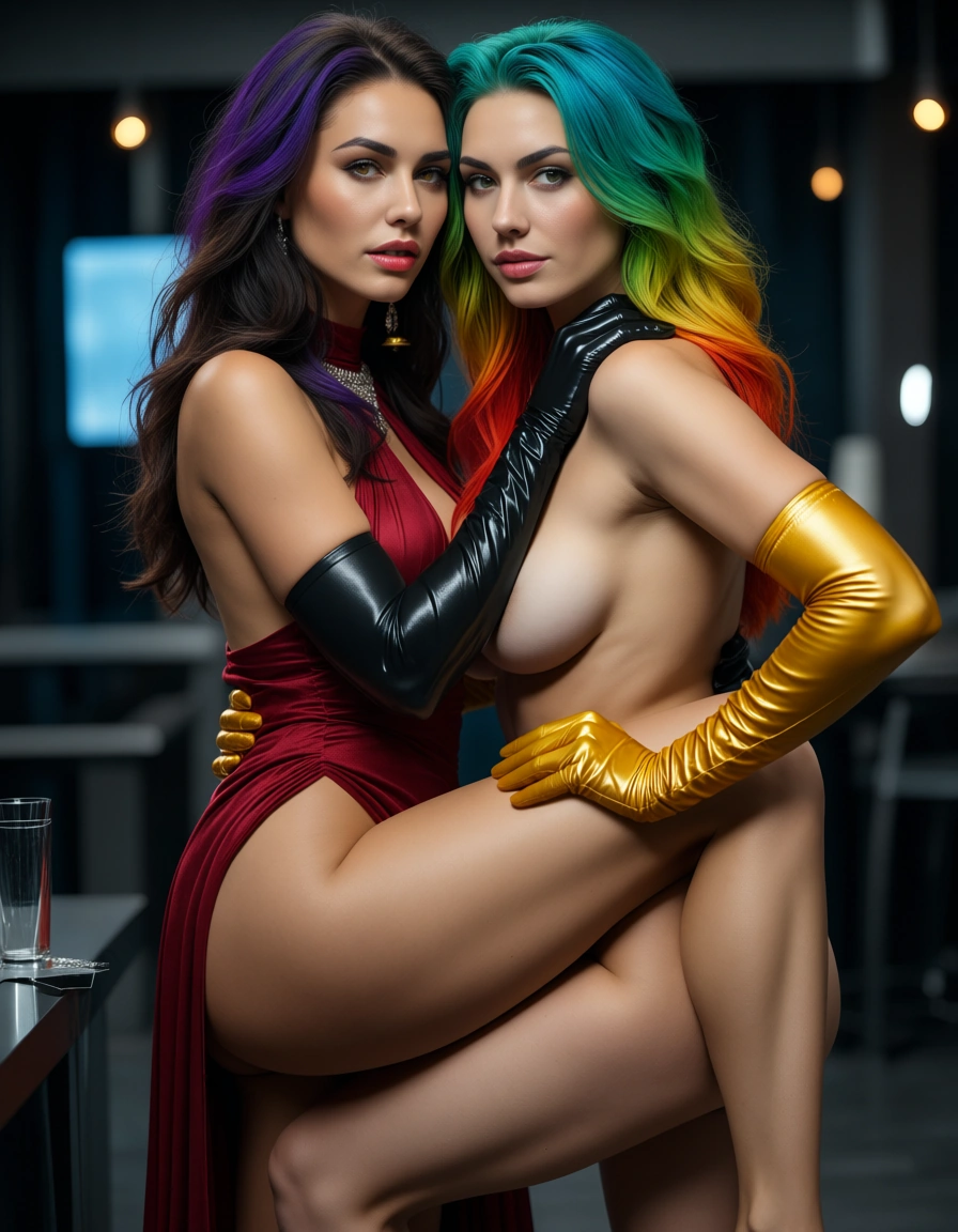 RAW photo, ultra realistic, 2girls, multicolored hair, elbow gloves, leg up, hyperrealistic, score_9, score_8, candid photo, realistic skin texture, visible skin pores, film grain, depth of field
