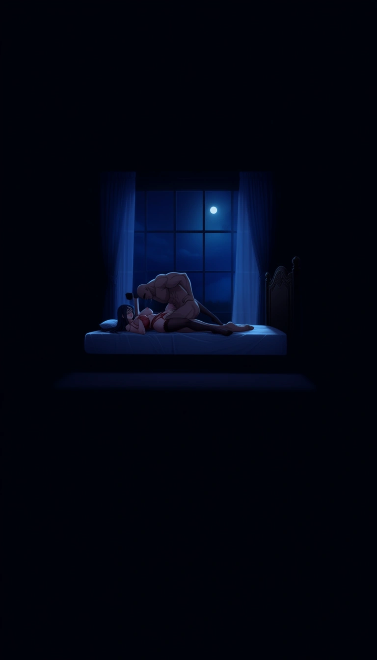 @uraraka_ochaco ,18+ , hourglass figure, perfect figure,tight waist,  red stokings, red garter belt , red bra,  lying on side,on luxury bed  in very dark bedroom,spread_legs , night, night moon soft smooth dim light right from window.. top from_behind view., seductive smile, no panties,  cum_in_pussy, missionary  vaginal sex, muscular man fuck her pussy, man has huge oversized dick,,her hands on belly,, hentai_studio_quality