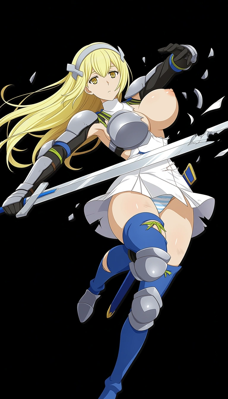 (Aiz Wallenstein from danmachi: 1.2), light yellow blonde long hair, massive natural breast, bored, yellow eyes, look at viewer, swordfight, holding silver sword, broken breastplate, broken armor, torn white skirt, thighs exposed, armor gloves, deep cleavage, one breast out, exposed one breast, erect nipple, dynamic pose, dynamic angle, sword slashing, rough slash marks, in gladiator arena, underground arena, ripped panties, large puffy camel toe, official art style, hentai_studio_quality
