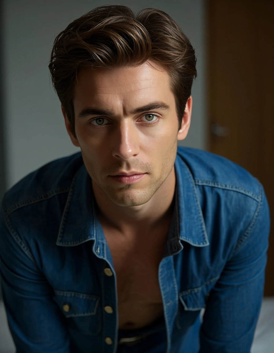 ultra HD, lifelike, 1boy, brown hair, open clothes, doggy style, photorealistic, score_9, score_8, candid photo, realistic skin texture, visible skin pores, film grain, depth of field