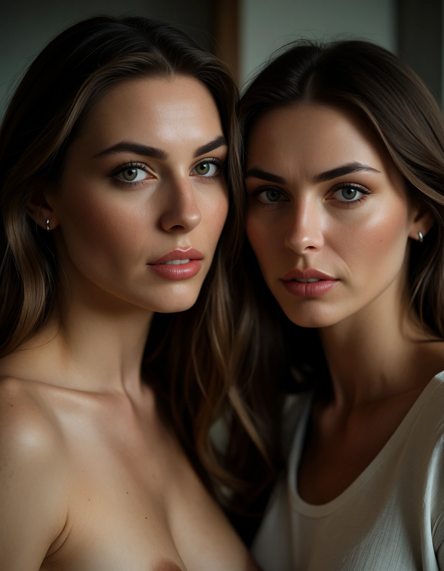 8k, sharp focus, detailed skin, 2girls, shirt, topless, dslr quality, score_9, score_8, candid photo, realistic skin texture, visible skin pores, film grain, depth of field
