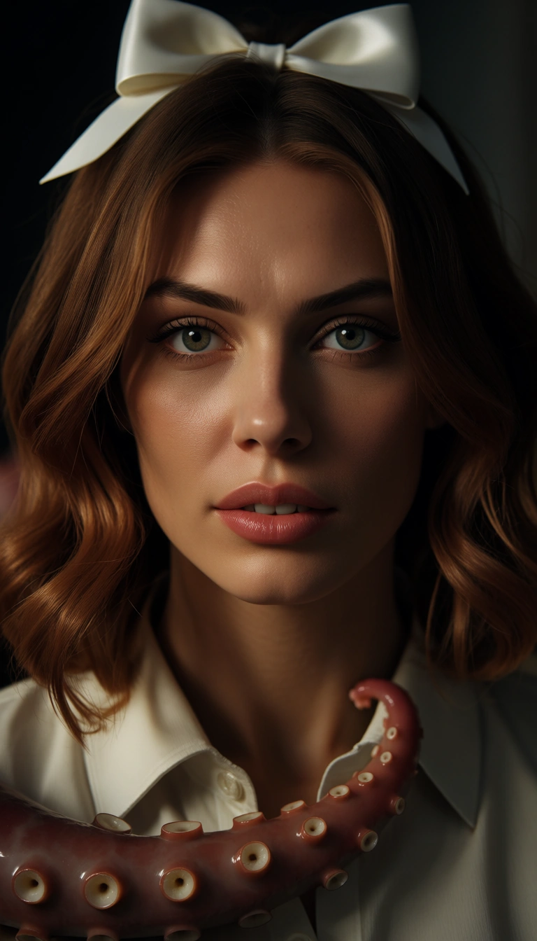 ultra HD, lifelike, 1girl, hair bow, collared shirt, tentacle, golden hour, cinematic realism