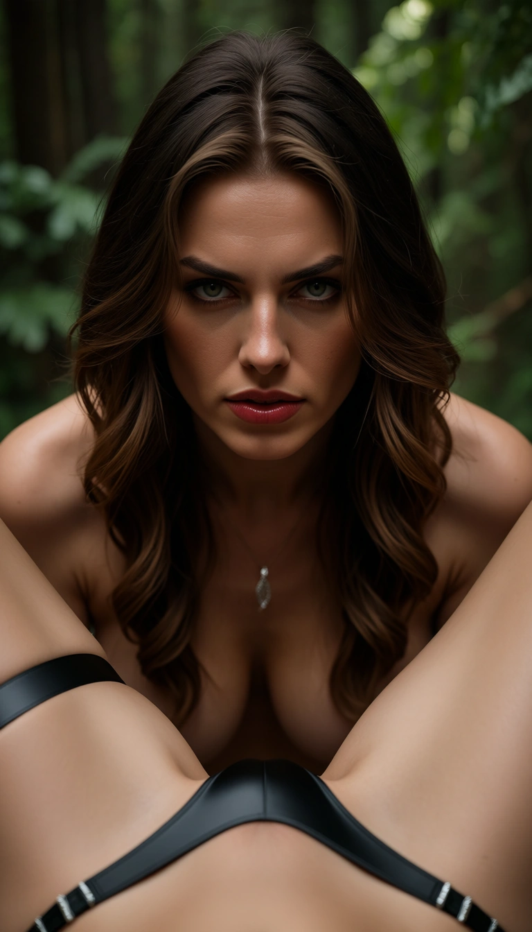 sharp focus, 8k uhd, three-quarter view, 2women, spread legs, thigh strap, outdoors, dominant stare, 8k uhd photo