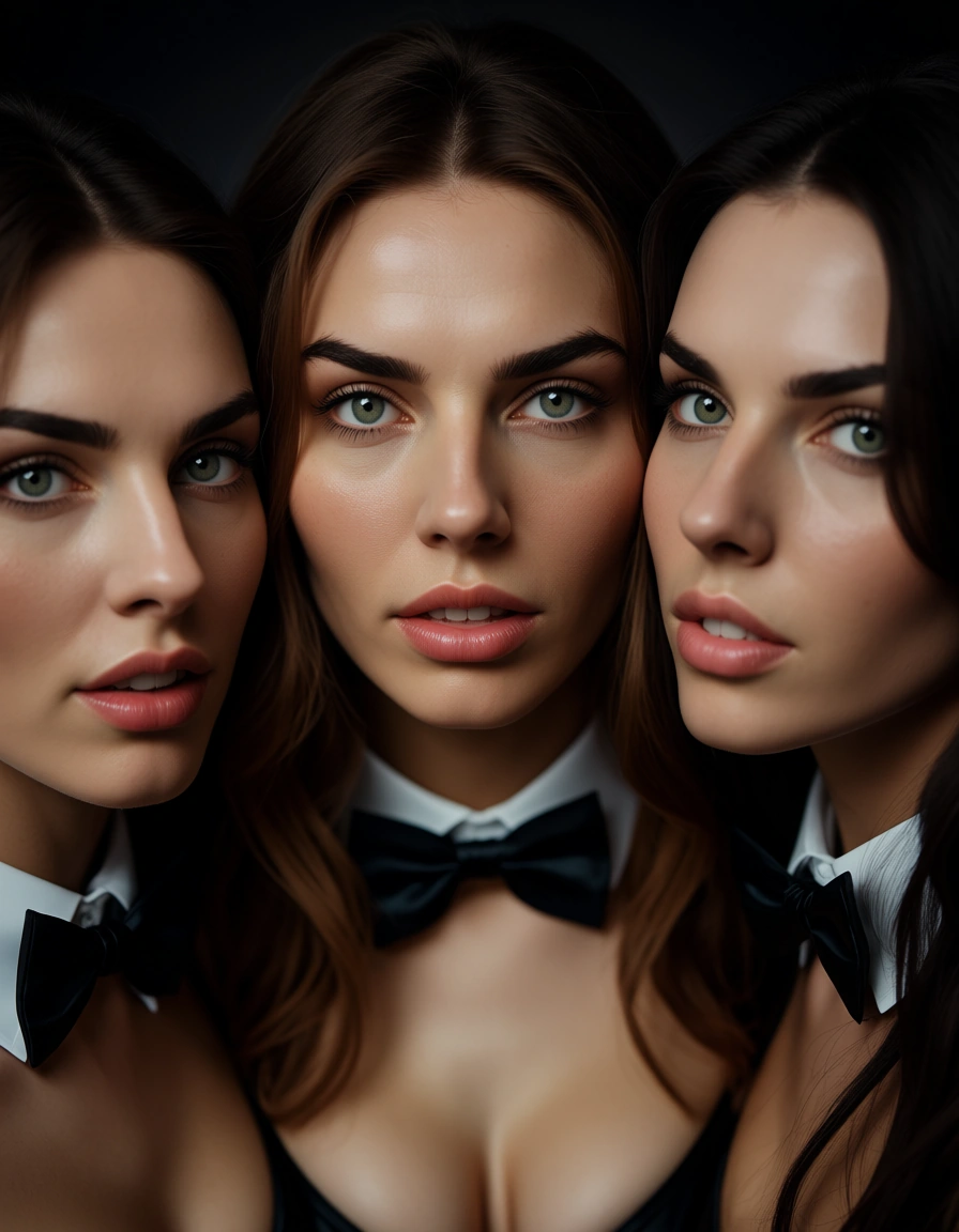 cinematic photo, 8k, 3women, bowtie, creampie, volumetric light, RAW photo, score_9, score_8, candid photo, realistic skin texture, visible skin pores, film grain, depth of field