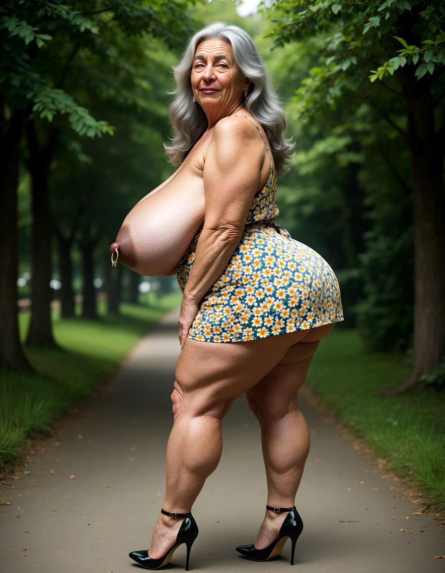 highly detailed, natural lighting, 70yo gilf, granny, mature, old woman, ugly, grey hair, long hair, thick body, full lips, huge tits, pierced nipples, big ass, summer dress with small flower print, stilletto heels, standing, legs apart, in a park 8k uhd photo, score_9, score_8, candid photo, realistic skin texture, visible skin pores, film grain, depth of field, score_9, score_8, candid photo, realistic skin texture, visible skin pores, film grain, depth of field, score_9, score_8, candid photo, realistic skin texture, visible skin pores, film grain, depth of field, score_9, score_8, candid photo, realistic skin texture, visible skin pores, film grain, depth of field, score_9, score_8, candid photo, realistic skin texture, visible skin pores, film grain, depth of field, score_9, score_8, candid photo, realistic skin texture, visible skin pores, film grain, depth of field