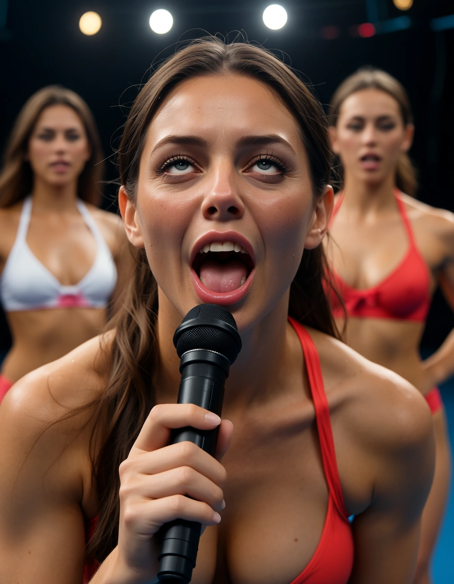 RAW photo, ultra realistic, 4women, athletic build, bow, holding, ahegao, hyperrealistic, score_9, score_8, candid photo, realistic skin texture, visible skin pores, film grain, depth of field