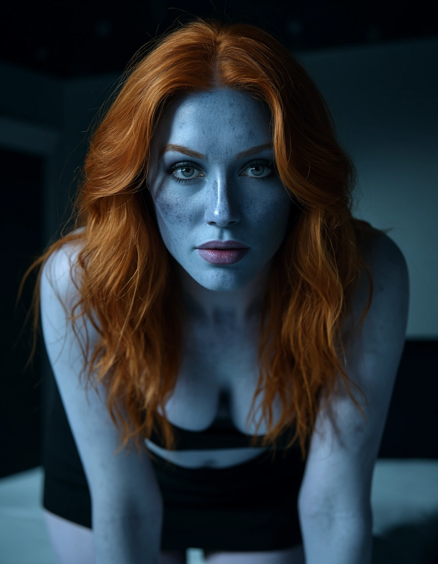 ultra HD, lifelike, redhead woman, colored skin, skirt, doggy style, depth of field, moonlight, dslr quality, score_9, score_8, candid photo, realistic skin texture, visible skin pores, film grain, depth of field