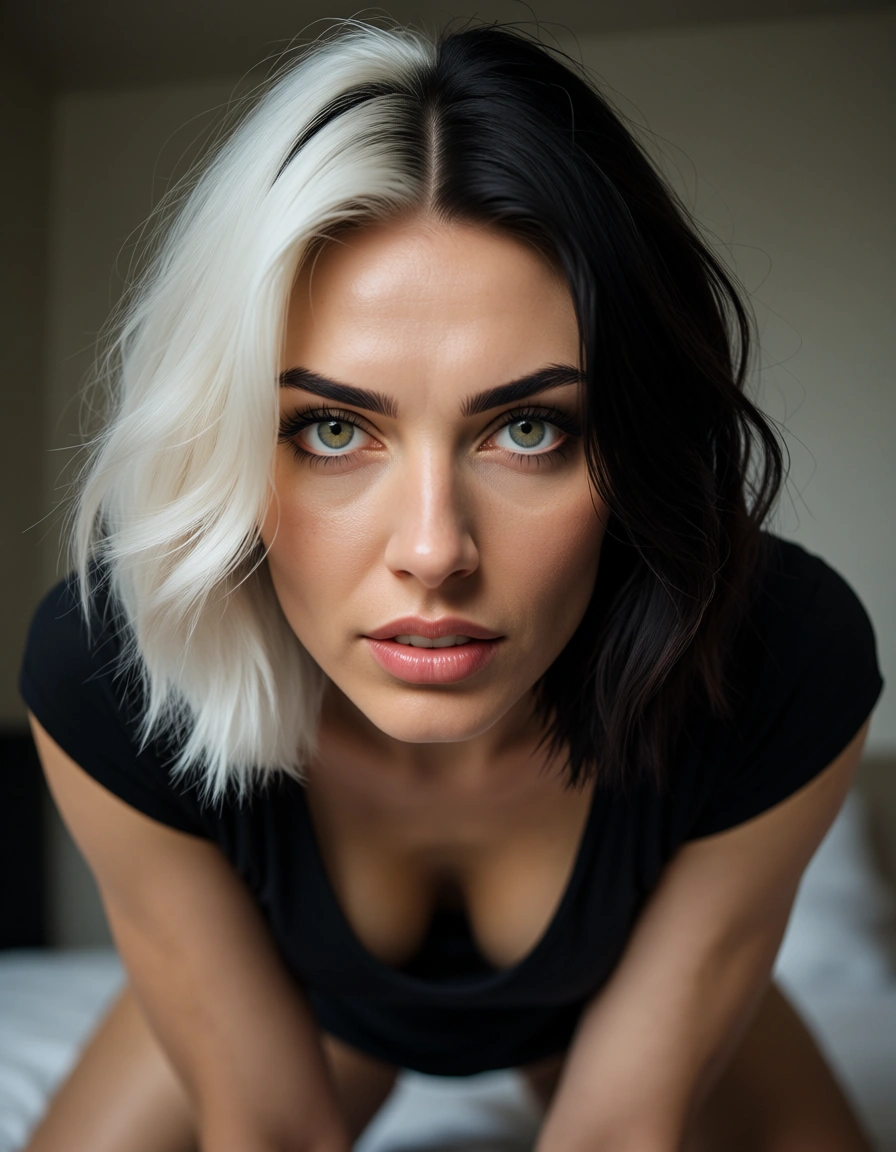 8k, sharp focus, detailed skin, 1girl, two-tone hair, short sleeves, doggy style, 8k uhd photo, score_9, score_8, candid photo, realistic skin texture, visible skin pores, film grain, depth of field