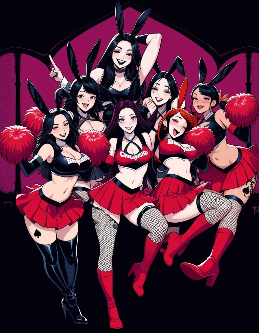masterpiece, clean art, multiple_girls , long_hair, eager , encouraging, goth, black_hair , hand_up , perfect feet , thighhighs, rabbit_ears , rabbit_tail, makeup , thighs , perfect face, perfect anataomy, perfect proportions, spade tattoo on thigh, skirt, happy, cheerleader, supportive , chearleading, light_smile, blush, cheering on other girls, everyone , on_ground, hentai_studio_quality, interacial, BBC, group_sex , revealing_clothes, hentai_studio_quality