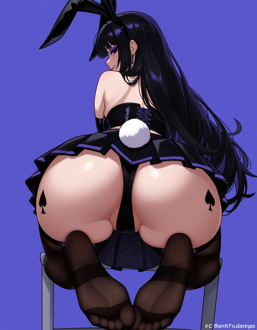 masterpiece, vivid, clean art, 1girl , long_hair, eager , encouraging, playboy_bunny , goth, black_hair , perfect feet , thighhighs, rabbit_ears , rabbit_tail, makeup , thighs , perfect_face, perfect_anataomy, perfect_proportions, spade tattoo on thigh, skirt, cheerleader , blush, light_smile, ass, looking_back , ass_focus ,, hentai_studio_quality