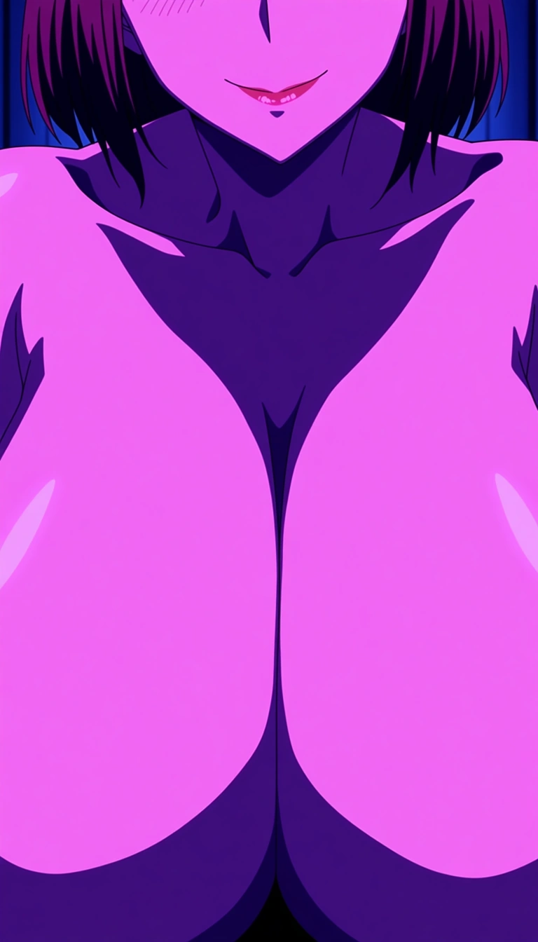 hires, masterpiece, colored lighting, volumetric lighting, mature female, milf, nude, gigantic breasts, lips, head out of frame, smile, the pose, (veiny breasts:0.8)