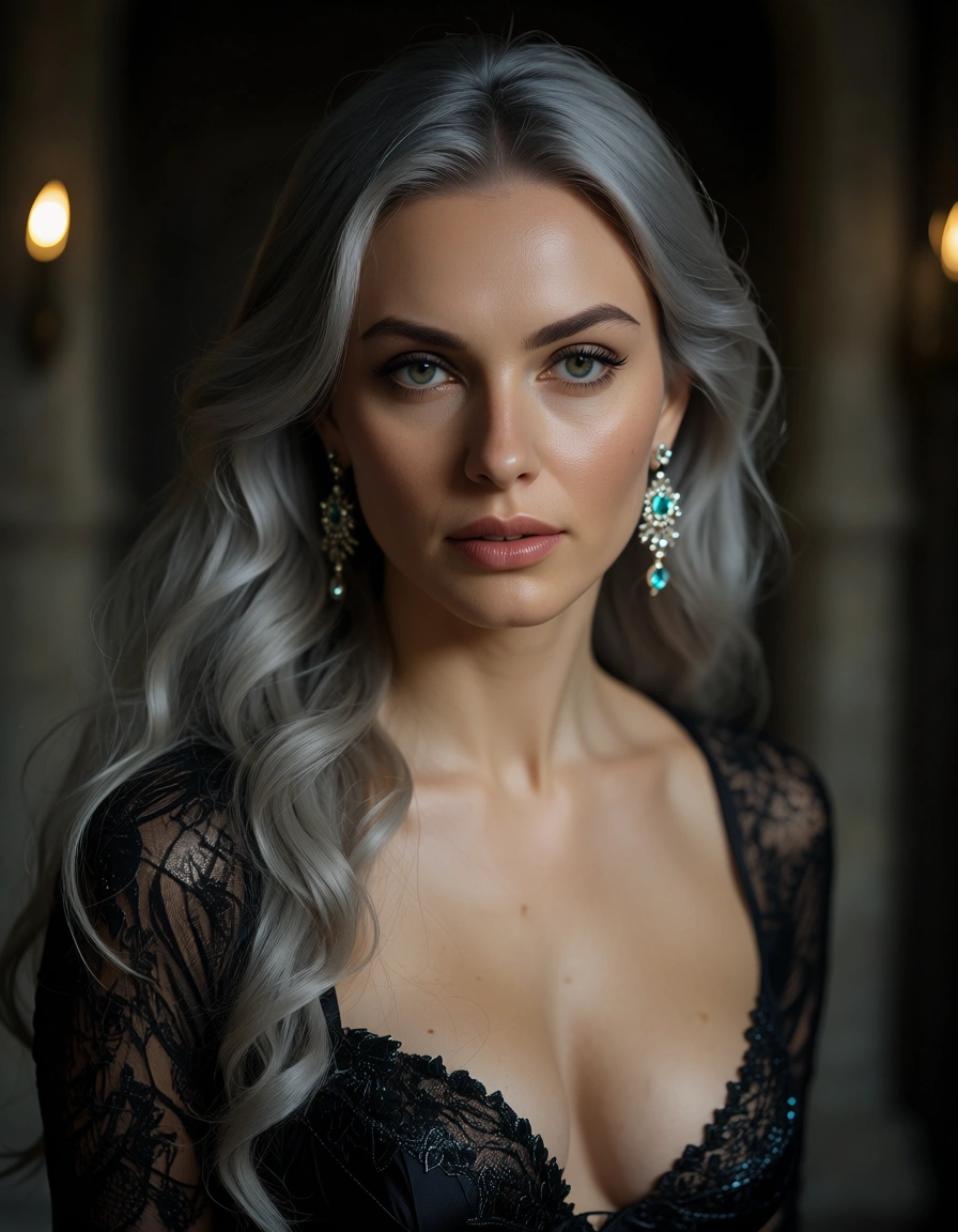 highly detailed, natural lighting, witch, grey hair, earrings, presenting, RAW photo, score_9, score_8, candid photo, realistic skin texture, visible skin pores, film grain, depth of field