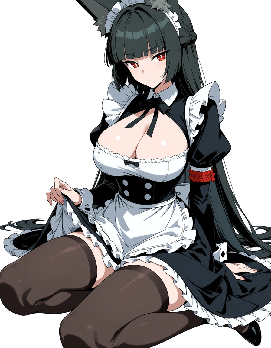(anime style:1.3), 2d, anime screencap, cel shading, flat color, Hoshimi Miyabi from Zenless Zone Zero , solo , maid , breasts_out  , yokozuwari