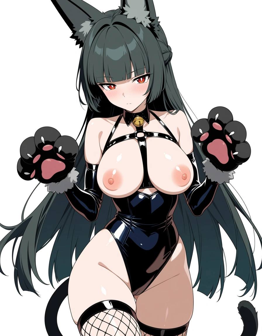 (anime style:1.3), 2d, anime screencap, cel shading, flat color, Hoshimi Miyabi from Zenless Zone Zero , wearing sexy catgirl outfit with cat ears and tail, black latex bikini, exposed nipples, fishnet stockings, nipples fully visible