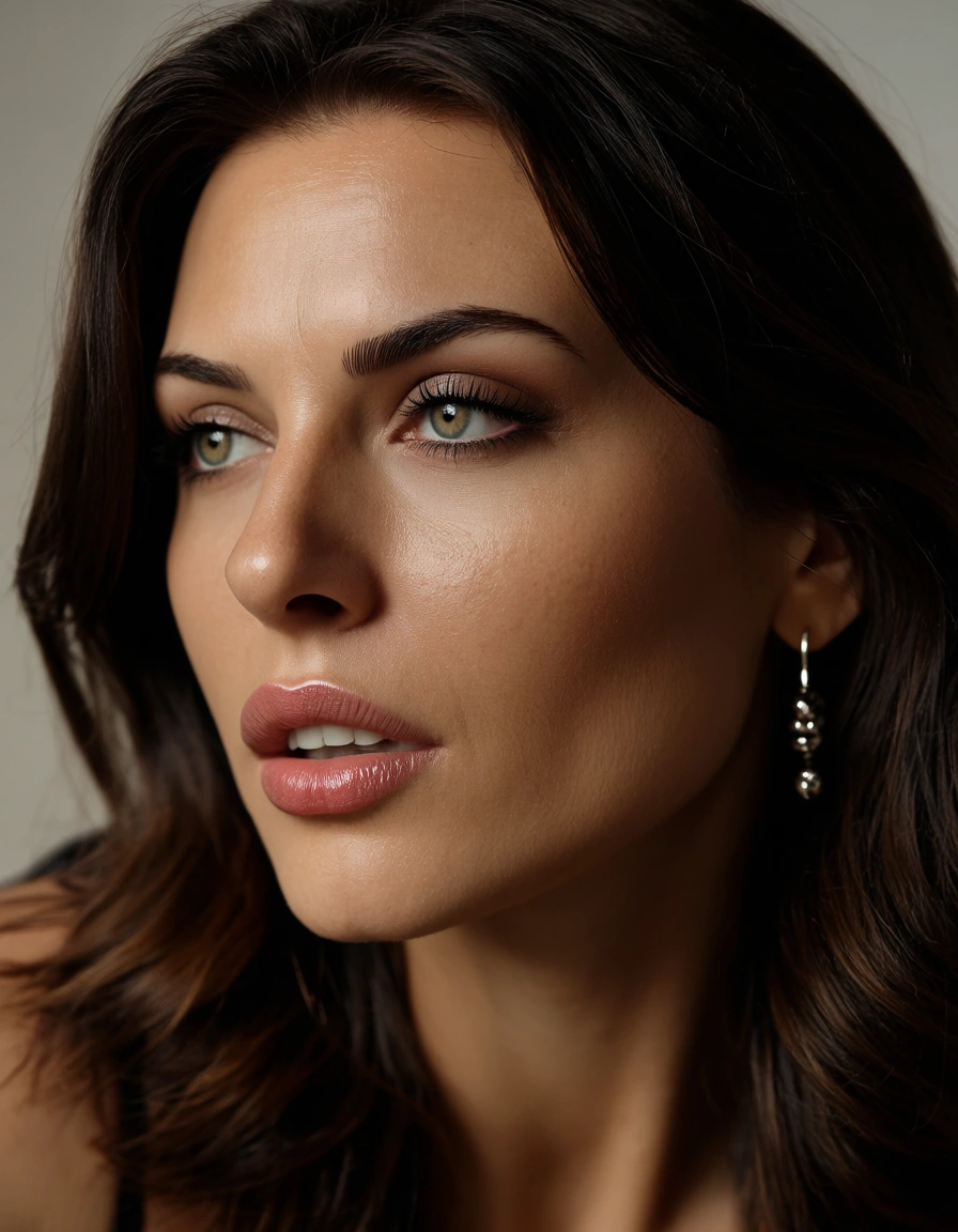 Brunette mit dickrn Titten und fettem arsch mit durchsichtbaren Jaguaranzug, score_9, score_8, candid photo, realistic skin texture, visible skin pores, film grain, depth of field