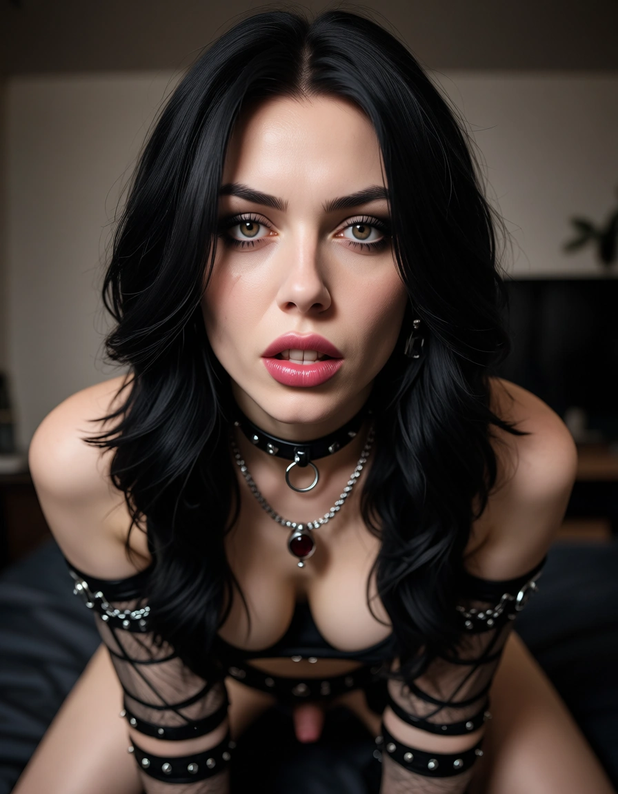 Sexy goth girl tied up fucked in doggy, score_9, score_8, candid photo, realistic skin texture, visible skin pores, film grain, depth of field