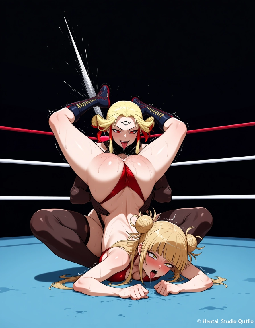 2girls , salem_(rwby) , @toga_himiko , evil_smile , yuri  , wrestling , catfight , defeated , rough_sex , lying , squirting, sweat , scissoring , ahegao, hentai_studio_quality