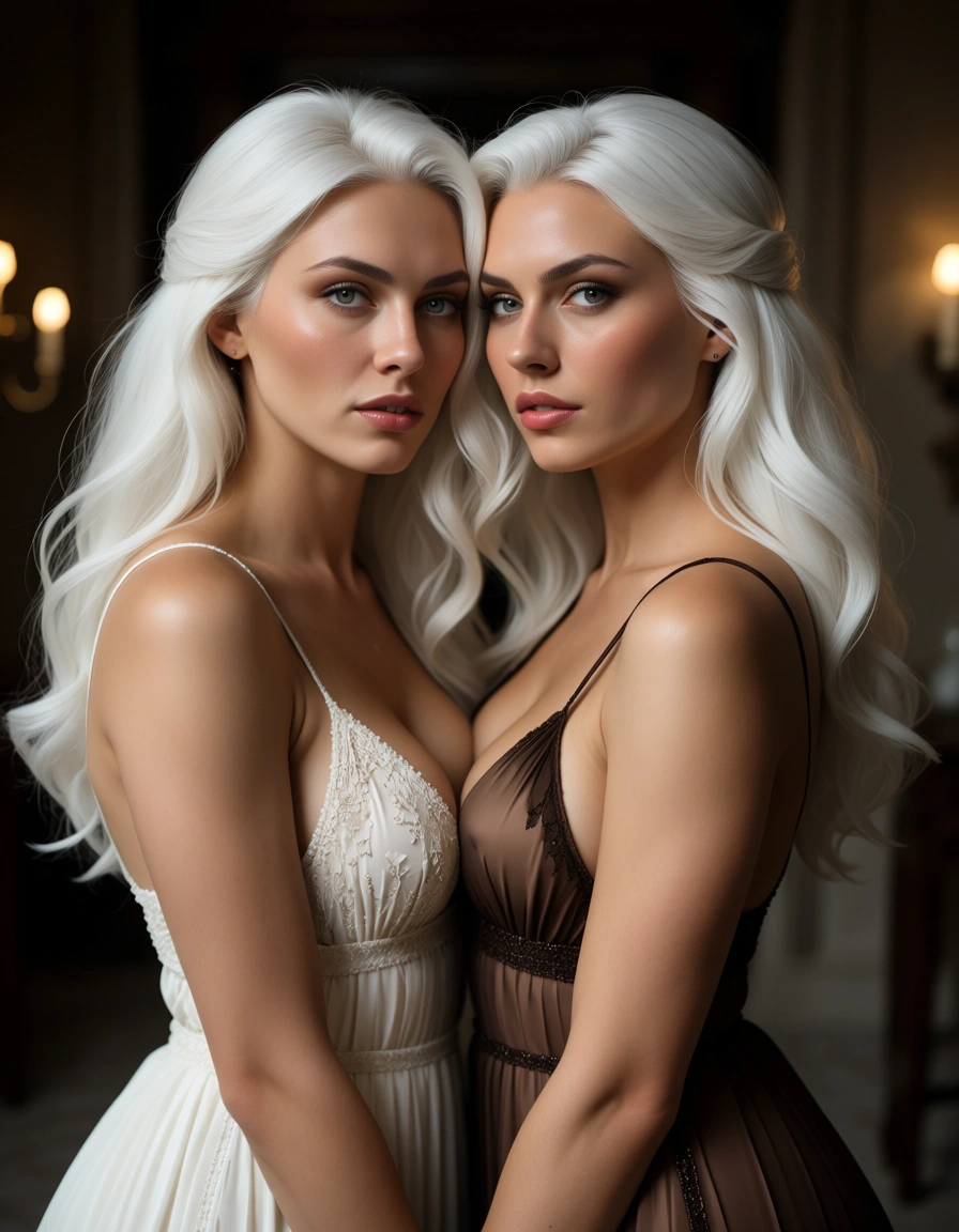 sharp focus, 8k uhd, 2women, white hair, dress, presenting, natural skin texture, score_9, score_8, candid photo, realistic skin texture, visible skin pores, film grain, depth of field
