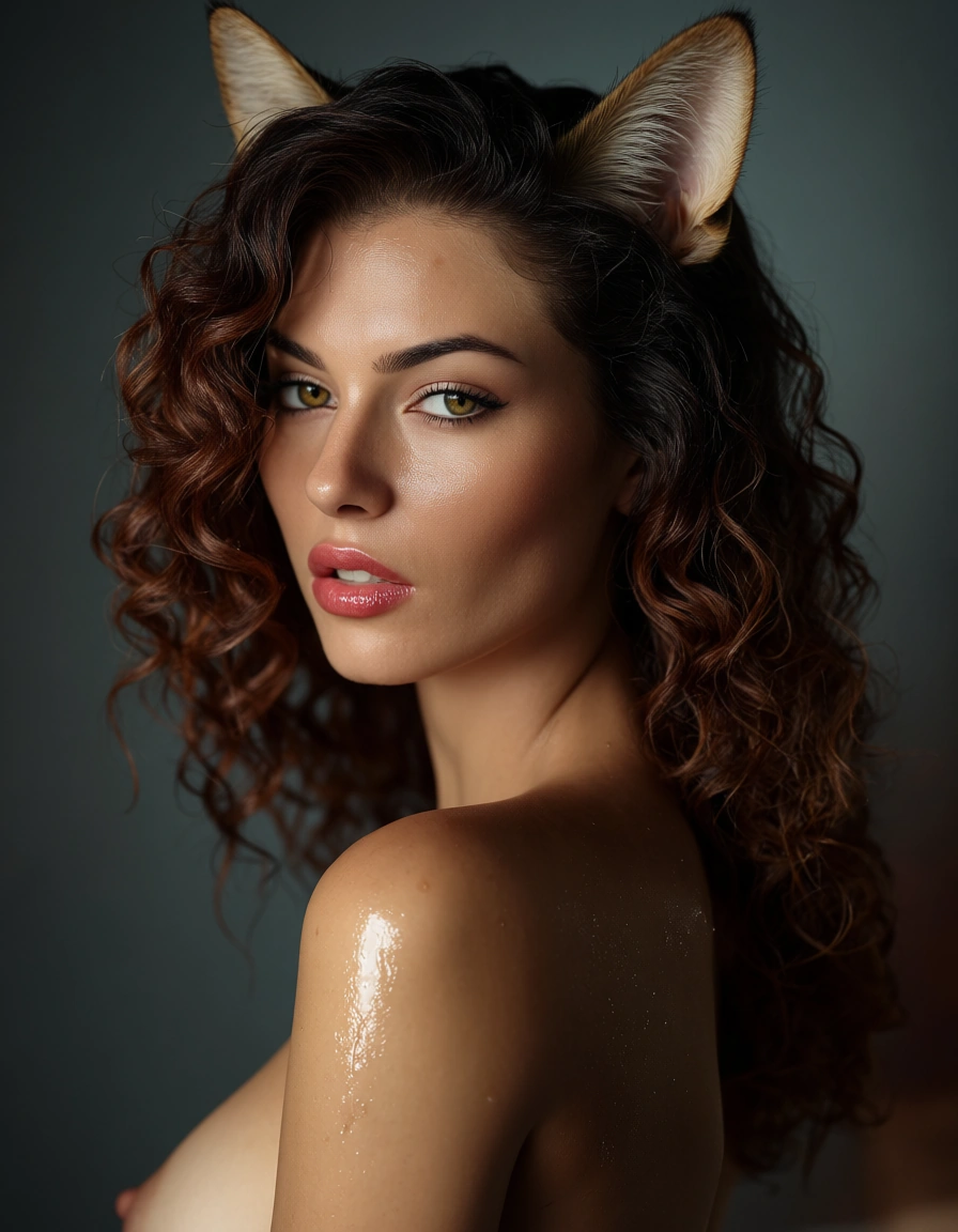 studio quality, sharp focus, catgirl, curly_hair female_masturbation , wet skin, futanari, over the shoulder, photorealistic, score_9, score_8, candid photo, realistic skin texture, visible skin pores, film grain, depth of field