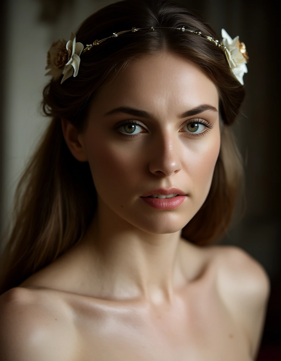 studio quality, sharp focus, princess, hair ornament, bow, topless, film photography, score_9, score_8, candid photo, realistic skin texture, visible skin pores, film grain, depth of field