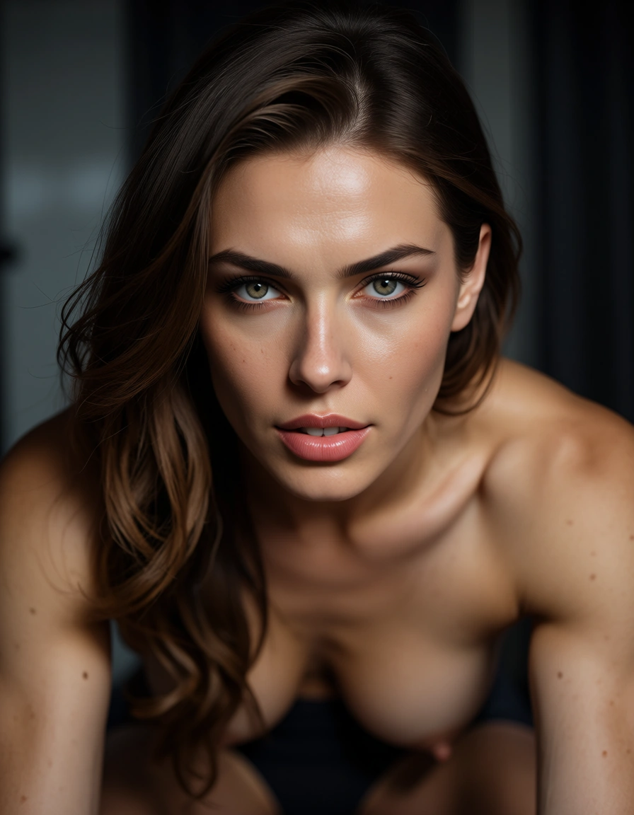 cinematic photo, 8k, portrait, fitness model, topless, legs, lustful eyes, dslr quality, score_9, score_8, candid photo, realistic skin texture, visible skin pores, film grain, depth of field