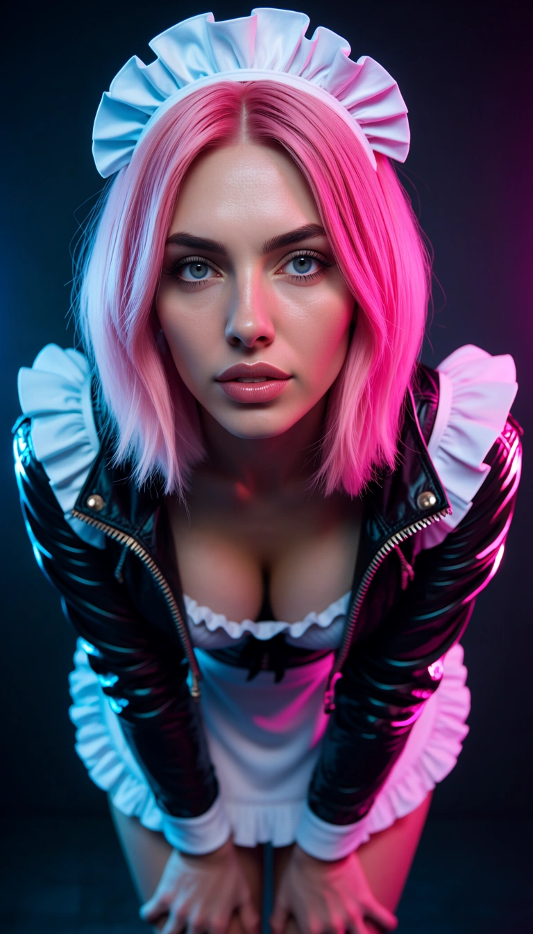 best quality, hyperrealistic, maid, pink hair, jacket, bent over, neon glow, studio photo