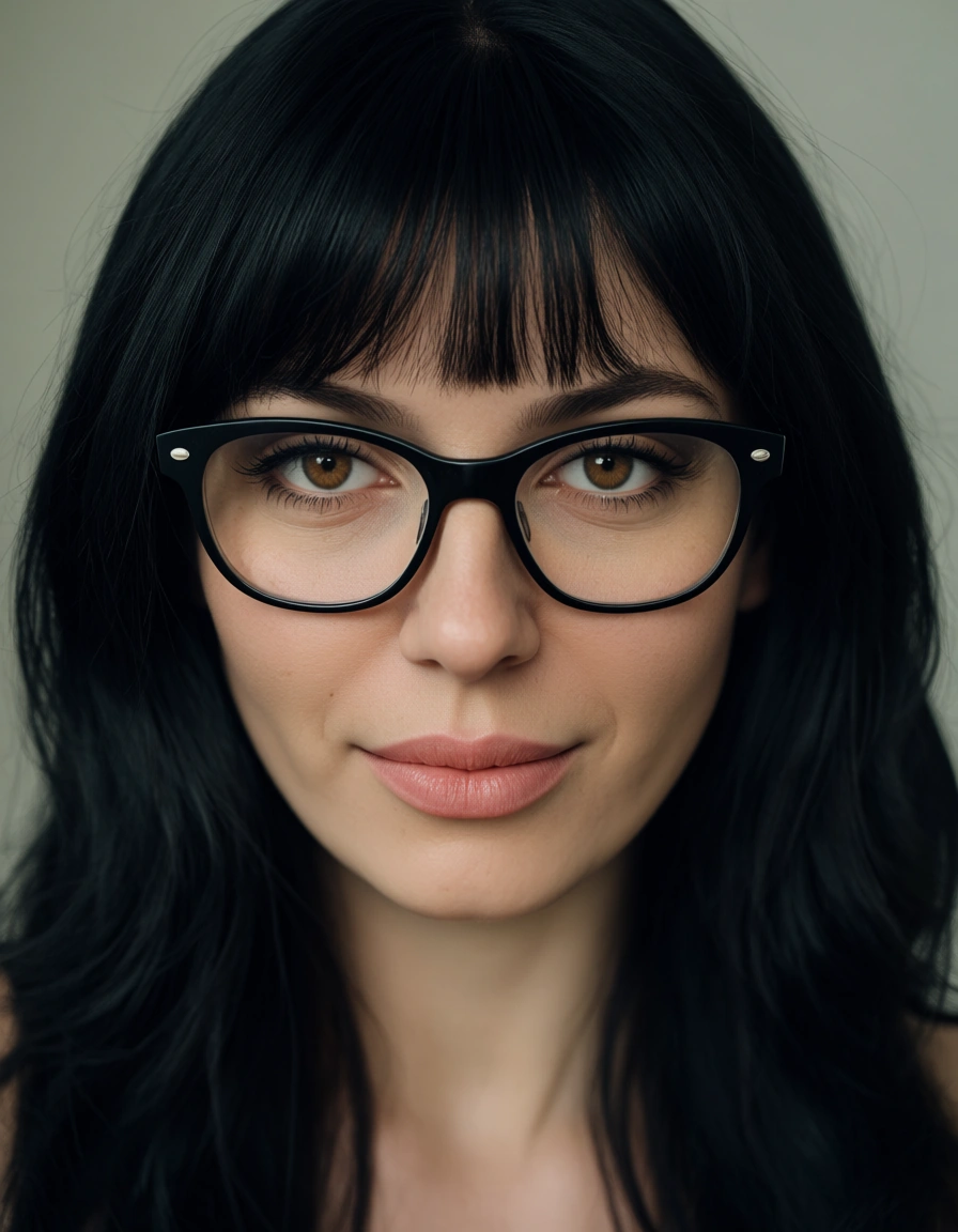 Make a cute woman with black hair covering ears and cheeks a little bit with bangs and no jawline with a cute shaped head and cute nose and lips with brown eyes and black glasses, score_9, score_8, candid photo, realistic skin texture, visible skin pores, film grain, depth of field