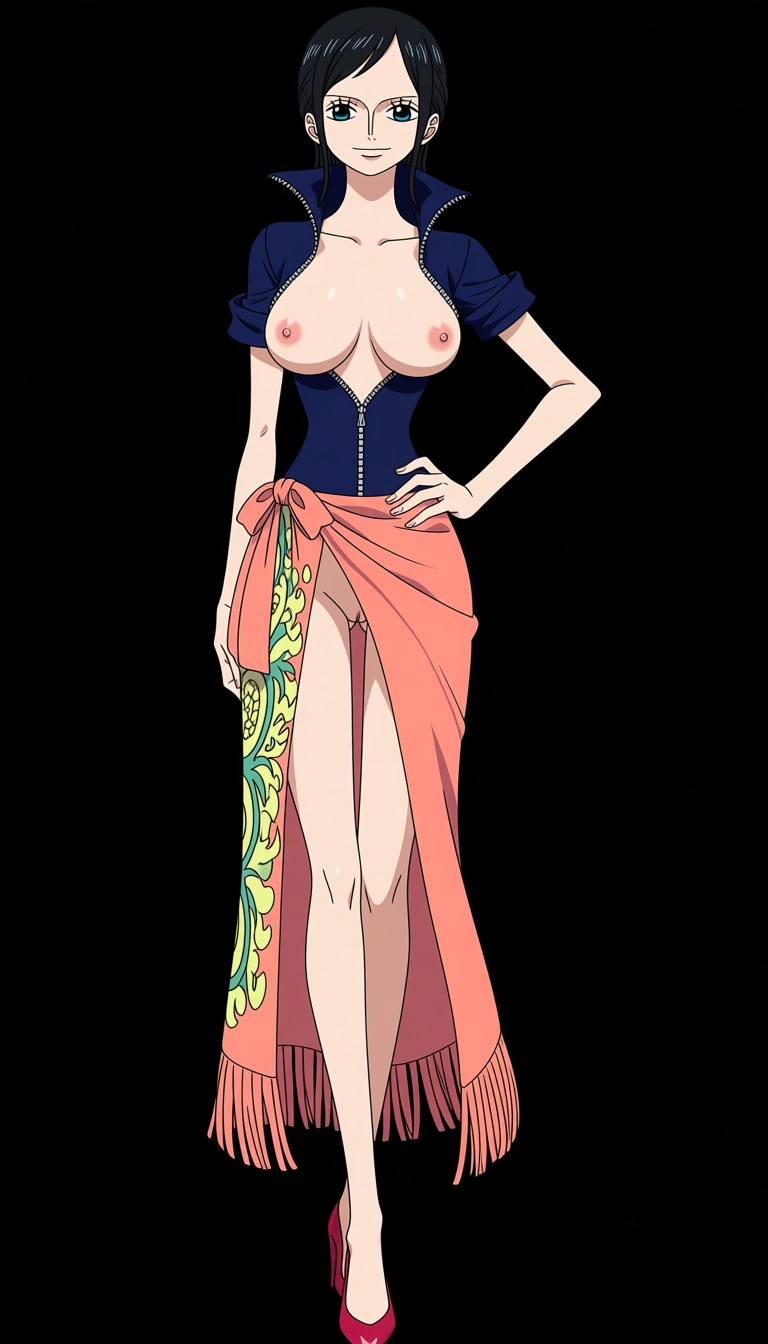 Robin from One Piece, Oda style, full_body, beautiful warm smile, gentle expression, standing, sexy pose, one hand on hip, facing camera, black background, a long coral-pink/salmon wrap skirt or sarong tied around her waist with a decorative green and yellow floral patterns along one side and a fringed/tassel-like hem and a massive front slit revealing her naked pussy, a fitted dark-blue short-sleeved jacket completely open with a high collar and the sleeves slightly rolled at the edges, breasts and nipples exposed, pussy exposed, Red-coral high-heeled pumps with pointed toes, (anime style:1.3), 2d, anime screencap, cel shading, flat color