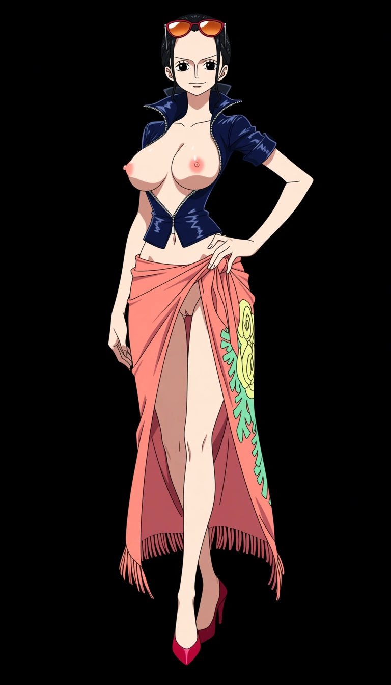 Robin from One Piece, Oda style, full_body, beautiful warm smile, gentle expression, standing, sexy pose, one hand on hip, facing camera, black background, a long coral-pink/salmon wrap skirt or sarong tied around her waist with a decorative green and yellow floral patterns along one side and a fringed/tassel-like hem and a massive front slit revealing her naked pussy, a fitted dark-blue short-sleeved jacket completely open with a high collar and the sleeves slightly rolled at the edges, breasts and nipples exposed, pussy exposed, orange tinted sunglasses on top of head, Red-coral high-heeled pumps with pointed toes, (anime style:1.3), 2d, anime screencap, cel shading, flat color, @00osamio00