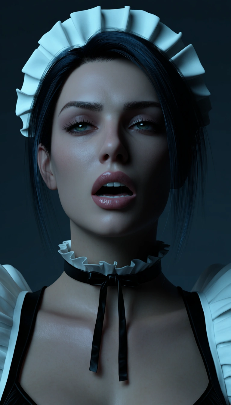 studio quality, sharp focus, maid, wide hips, frills, orgasm, portrait, cool tones, dslr quality