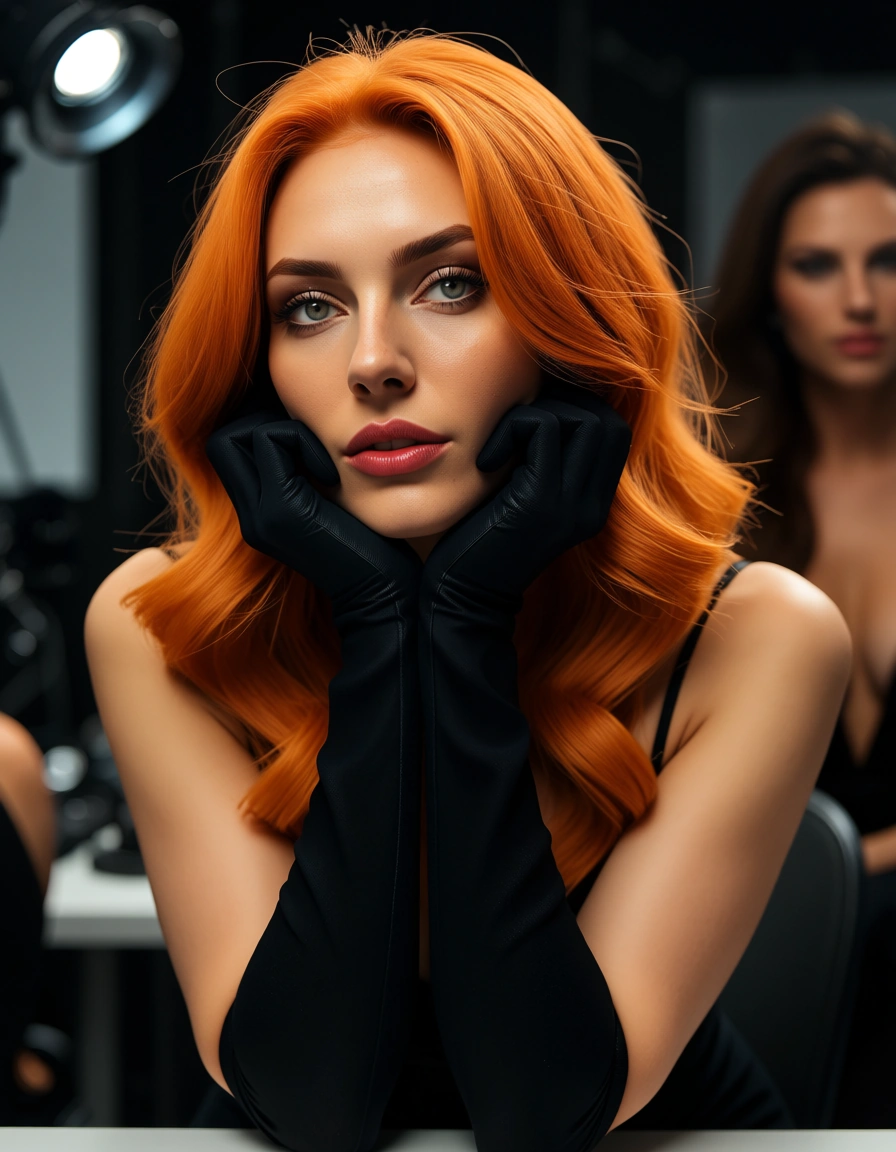 professional photo, high detail, solo focus, orange hair, elbow gloves, facesitting, studio lighting, dslr quality, score_9, score_8, candid photo, realistic skin texture, visible skin pores, film grain, depth of field