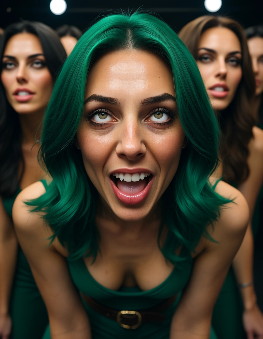8k, sharp focus, detailed skin, multiple women, green hair, belt, ahegao, lifelike render, score_9, score_8, candid photo, realistic skin texture, visible skin pores, film grain, depth of field