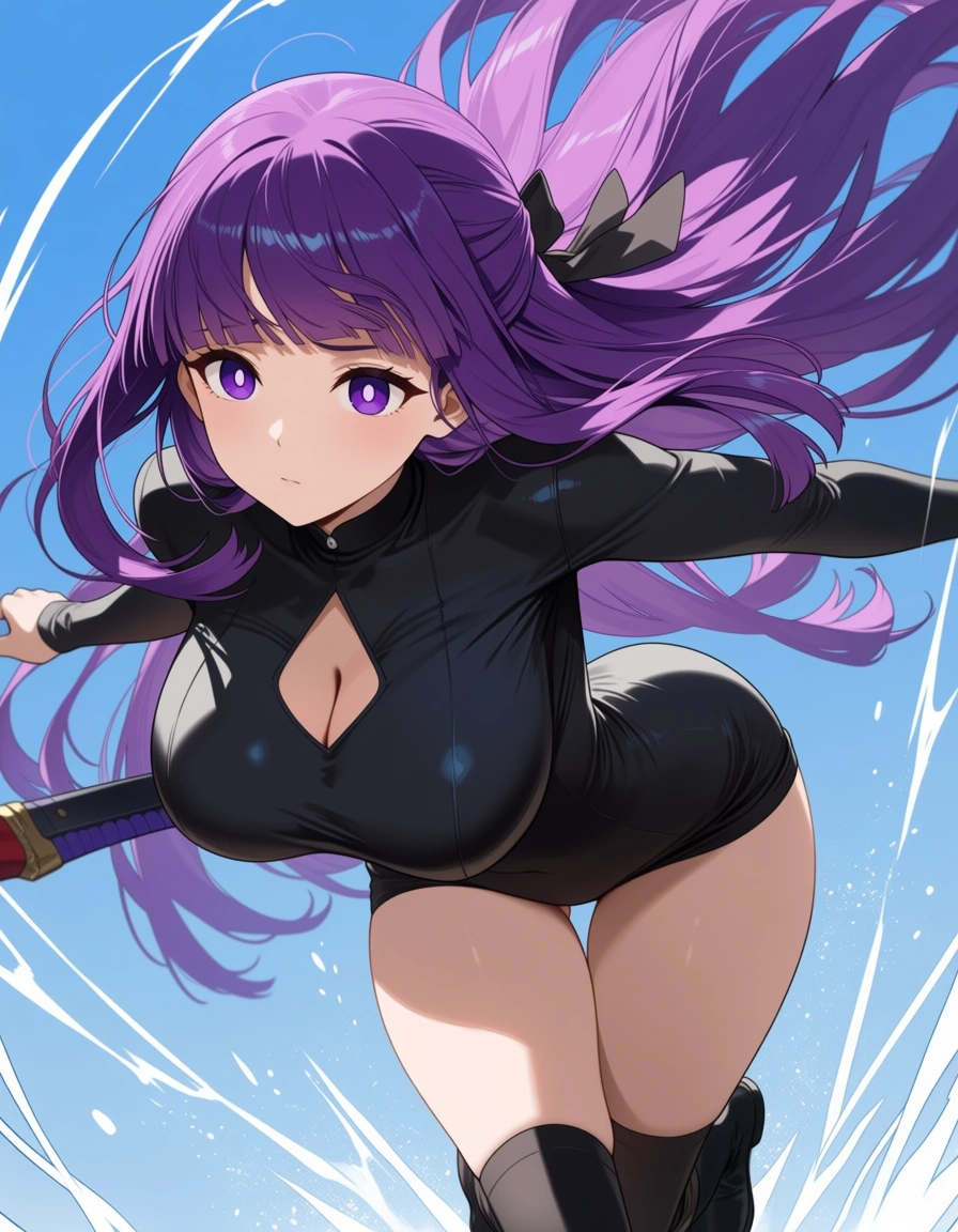 @fern_(sousou_no_frieren) cleavage_cutout , jumping in action cropped_legs thighs from_behind from_side from_above bent_over arched_back, hentai_studio_quality