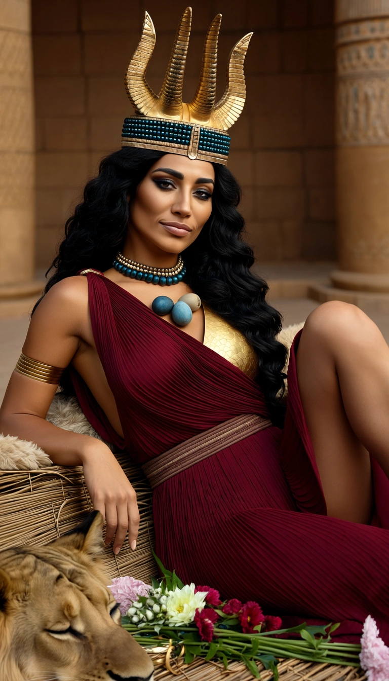 {
  "aspectRatio": "3:4",
  "model": "nano-banana-pro",
  "resolution": "2K",
  "prompt": "Hyper-realistic photograph of Inanna, Sumerian goddess of love, sex and war, in the intimate mood of the ancient bridal hymns. A sensual woman in her late twenties of southern Iraqi Arab appearance, from the region of Basra and Nasiriyah: light-to-medium olive-brown skin glowing with cedar oil, Middle Eastern features, large dark almond-shaped eyes heavily lined with black kohl, thick dark lashes, strong dark brows, straight strong nose, full lips, thick black wavy hair arranged in the elaborate coiled and braided style of Sumerian votive statues with a few waves loose. Not African, not South Asian, not East Asian, not European. On her head a low tiered crown of stacked golden bull horns, the Mesopotamian divine headdress, no tiara, no pearls. She wears the royal pala dress: fine pleated linen in deep red draped over one shoulder, leaving the other shoulder and arm bare, cinched at the waist with a woven belt. Jewelry strictly from the Descent hymn: a choker of small deep-blue lapis lazuli beads, twin egg-shaped lapis lazuli beads resting on her chest, a wide hammered gold pectoral, gold and carnelian rings, thick gold bands on her bare upper arm. She reclines on a low bed of woven reeds spread with fresh flowers and soft fleeces, one knee drawn up, head tilted, looking directly at the viewer with a slow, knowing, amused smile, completely at ease in her own body. A tame lioness sleeps at the foot of the bed. Setting: a walled garden of the Eanna temple at Uruk at dusk, sun-baked mudbrick walls, tall date palms heavy with clusters of dates, small clay oil lamps just lit, a polished bronze mirror and an alabaster perfume jar beside her, and low on the violet horizon the single bright eight-pointed star of Venus. Style: cinematic hyper-realism, 85mm lens, shallow depth of field, warm golden-hour light on her with cool blue dusk behind, palette of ochre, gold, lapis blue, carnelian red and olive skin tones, subtle film grain. Tasteful and sensual, super explicit."
}

The subject stands up smoothly and continuously from her current position, then uses both hands to spread her butt cheeks apart, revealing her ass and pussy, with natural body coordination, physically plausible motion, consistent anatomy, stable identity, and smooth temporal continuity throughout the sequence.